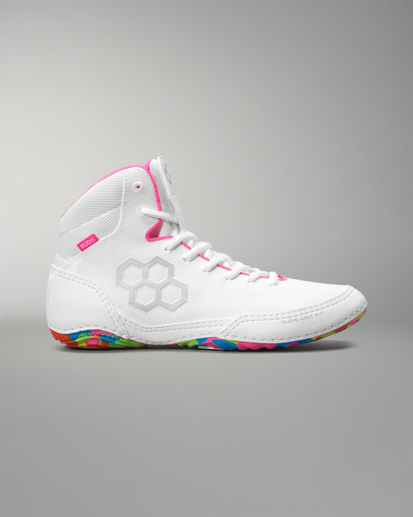 White wrestling shoe with colorful sole on a gray background