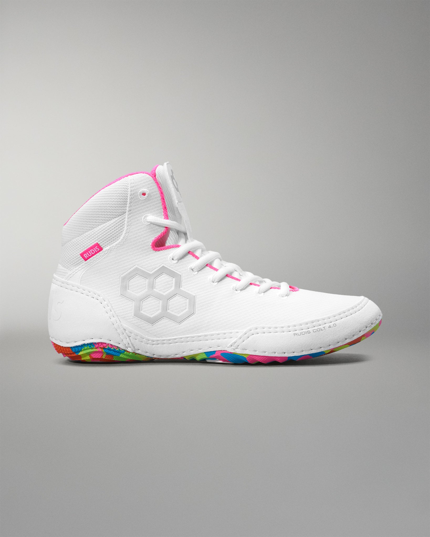White wrestling shoe with colorful sole on a gray background