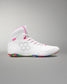 White wrestling shoe with colorful sole on a gray background