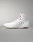 White wrestling shoe with colorful sole on a gray background