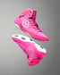 Pink athletic shoes with a white logo on a gray background