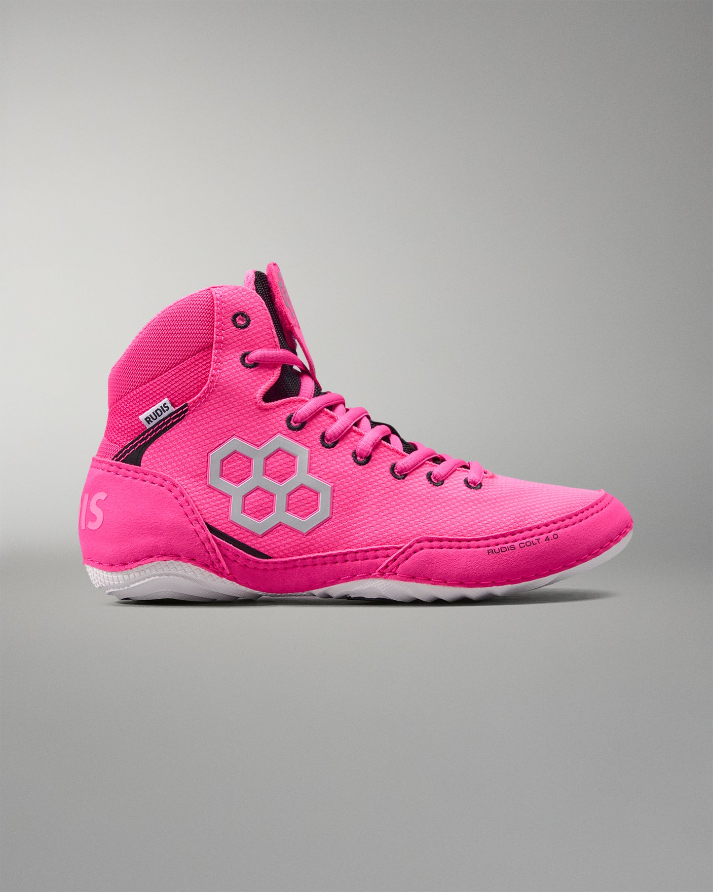 Pink high-top sneaker with a brand logo on a gray background