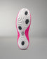 Close-up of a pink and white athletic shoe sole on a gray background