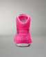 Pink athletic shoe with 'RUDIS' branding on a gray background