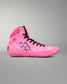 A pink high-top Wrestling shoe with black laces and a black geometric logo on the side, photographed against a neutral gray background.