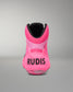 A bright pink high-top Wrestling shoe shown from the back, featuring the brand name 'RUDIS' in black text on the heel, a black collar lining, and a translucent pink sole, set against a neutral gray background.