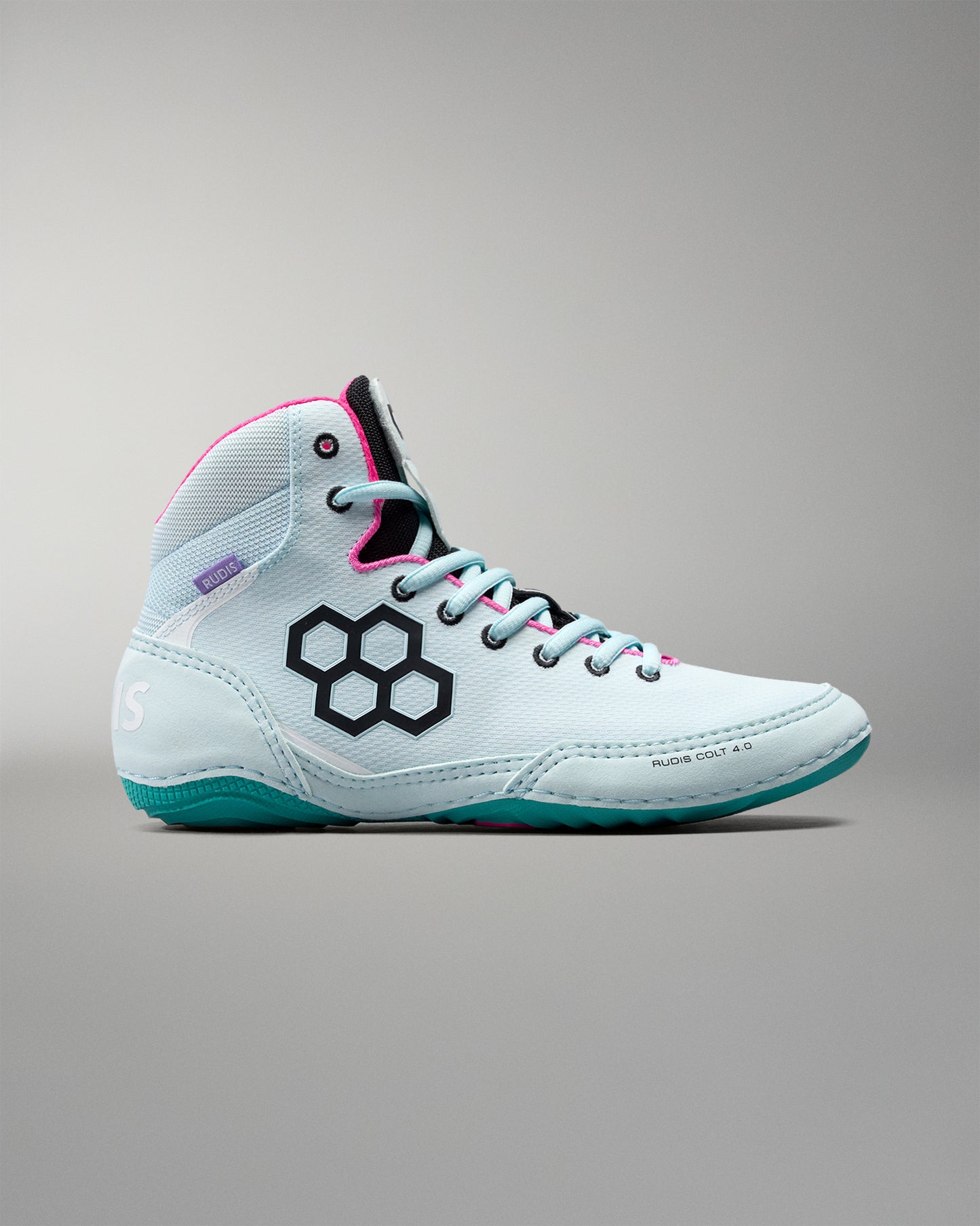 White high-top sneaker with black hexagonal pattern on a gray background