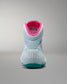 Light blue athletic shoe with pink lining on a gray background