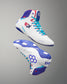 White USA Wrestling Shoes with blue and red accents on a gray background