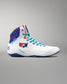 White USA Wrestling Shoes with blue and red accents on a gray background