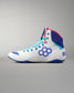 White USA Wrestling Shoes with blue and red accents on a gray background