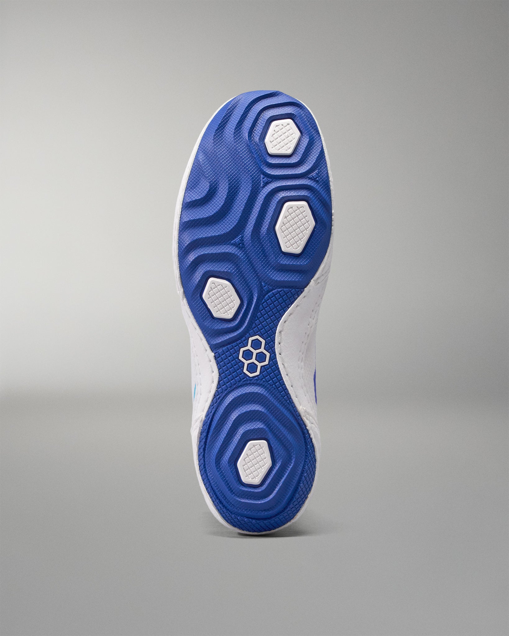 Blue and white USA Wrestling Shoes sole on a gray background