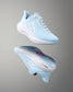 Light blue running shoe with white sole on a gray background