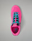 A single bright pink wrestling shoe shown from a top-down view, featuring turquoise laces and a black collar, on a neutral gray background.