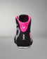 A high-top black wrestling shoe shown from the back, featuring a vibrant hot pink collar lining with a white smiley face, gray graphic accents, and the brand name 'RUDIS' printed vertically in white.