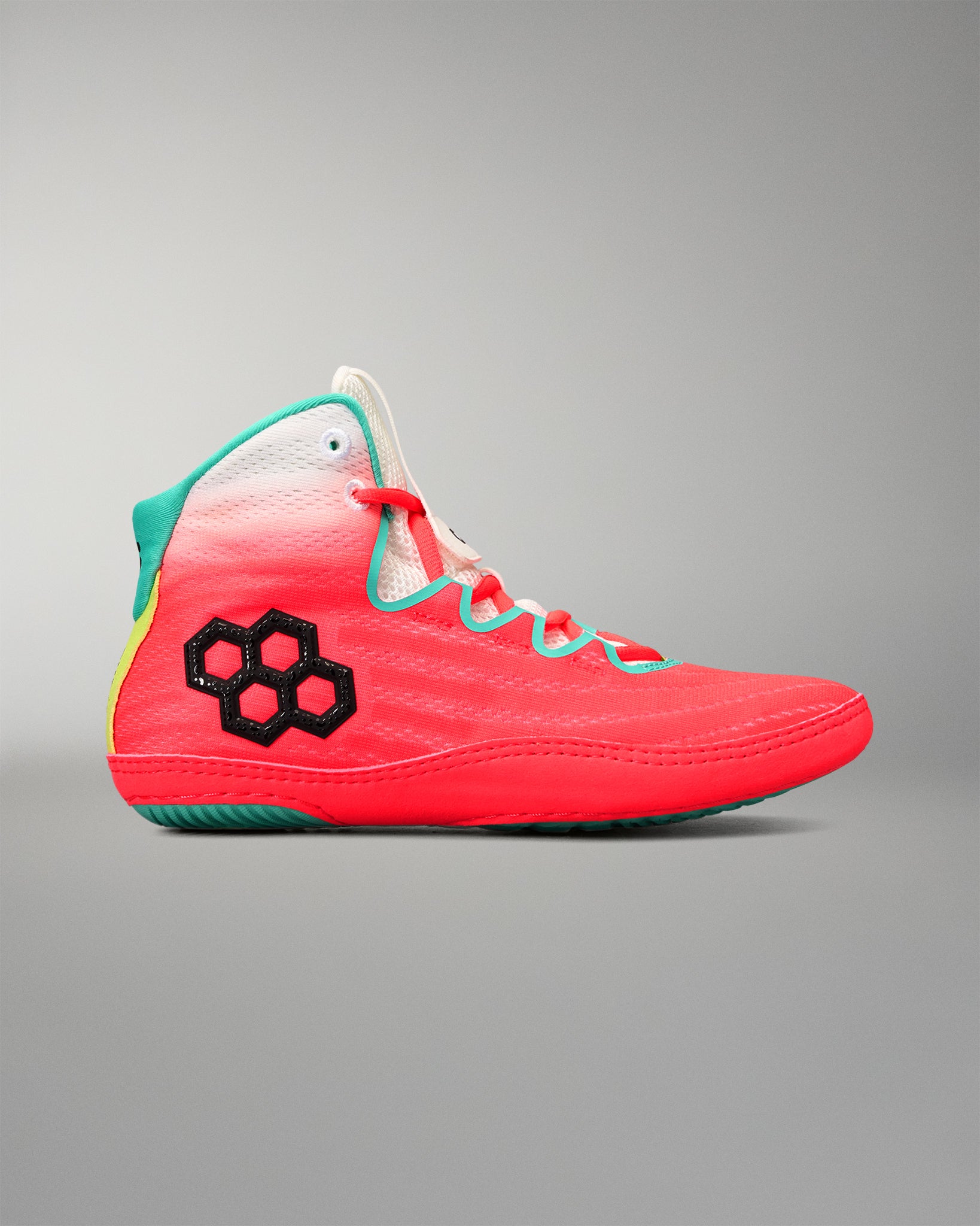 Side profile of the RUDIS Hildebrandt 2.0 Women’s Wrestling Shoe in Neon Surge with black RUDIS logo and teal accents.