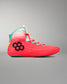 Side profile of the RUDIS Hildebrandt 2.0 Women’s Wrestling Shoe in Neon Surge with black RUDIS logo and teal accents.