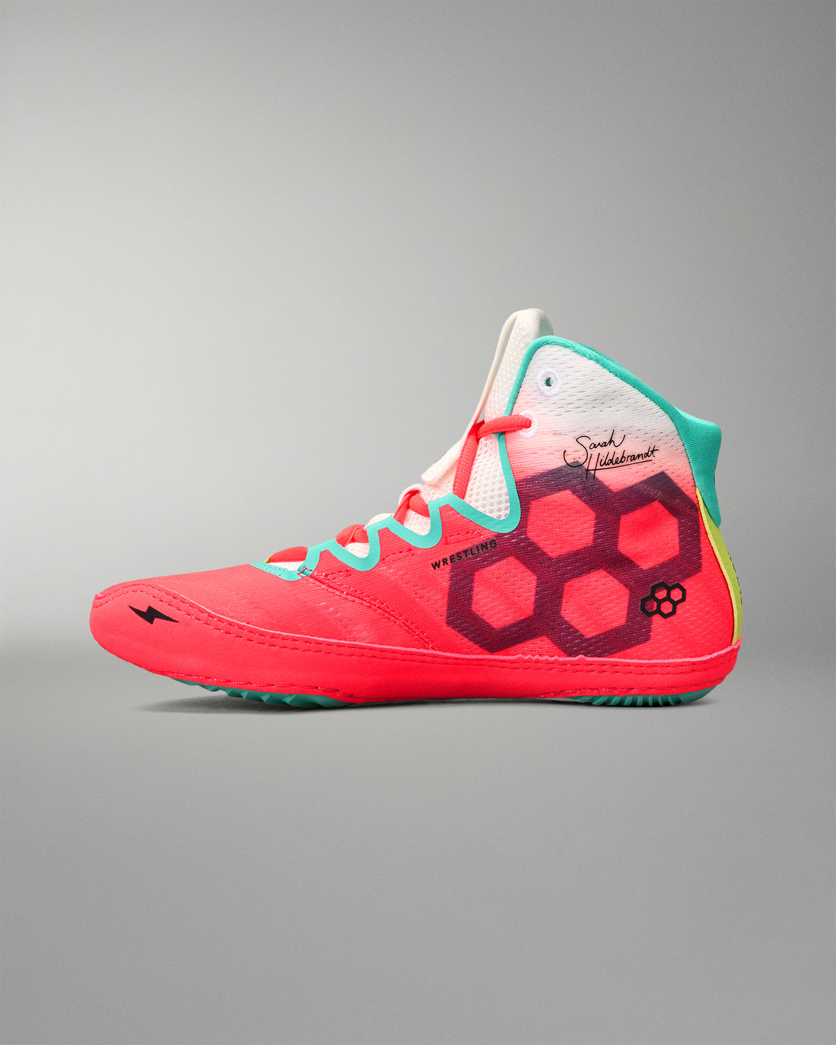 Inner side view of the RUDIS Hildebrandt 2.0 Women’s Wrestling Shoe in Neon Surge featuring Sarah Hildebrandt signature graphics.