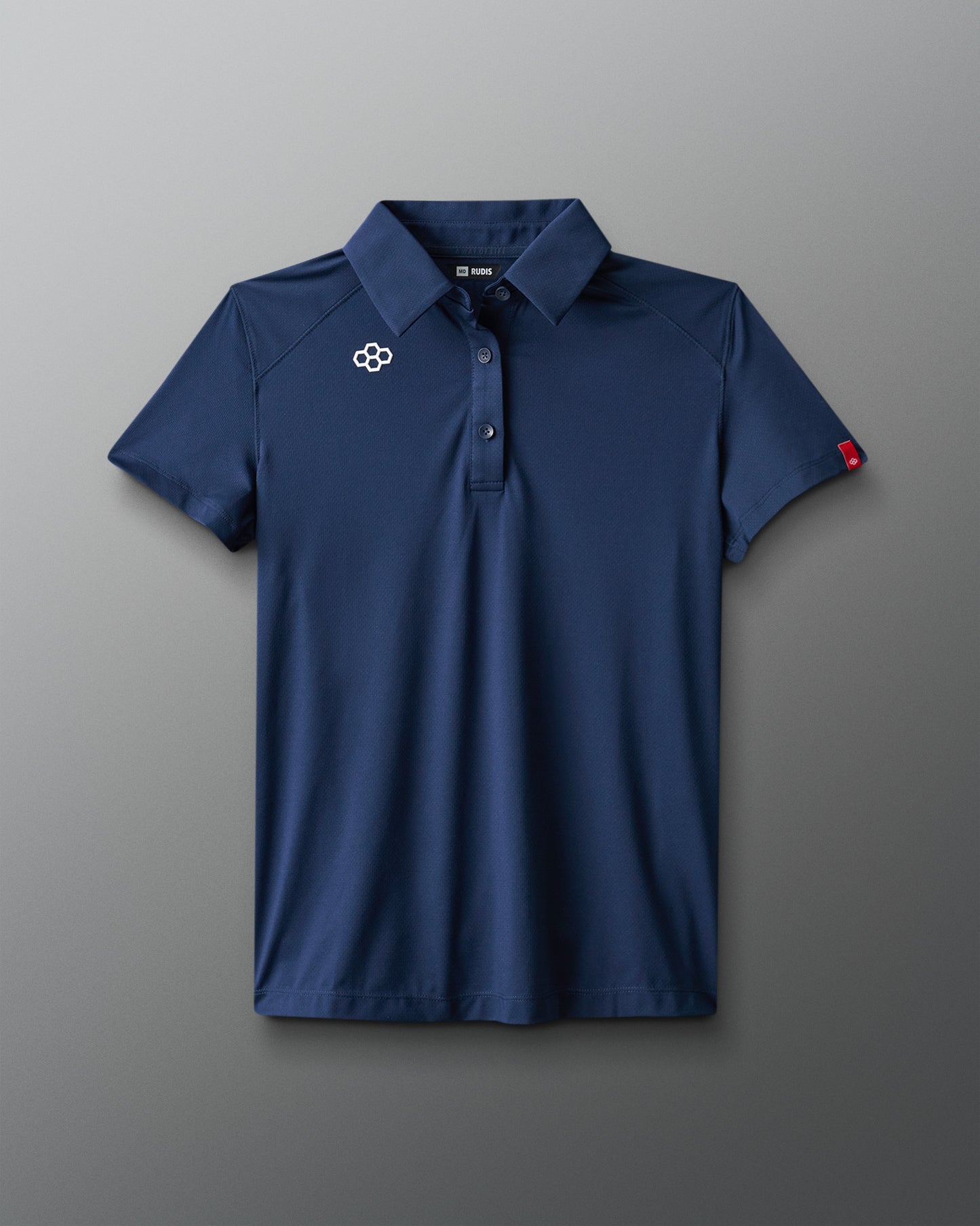 Blue polo shirt with a logo on a gray background