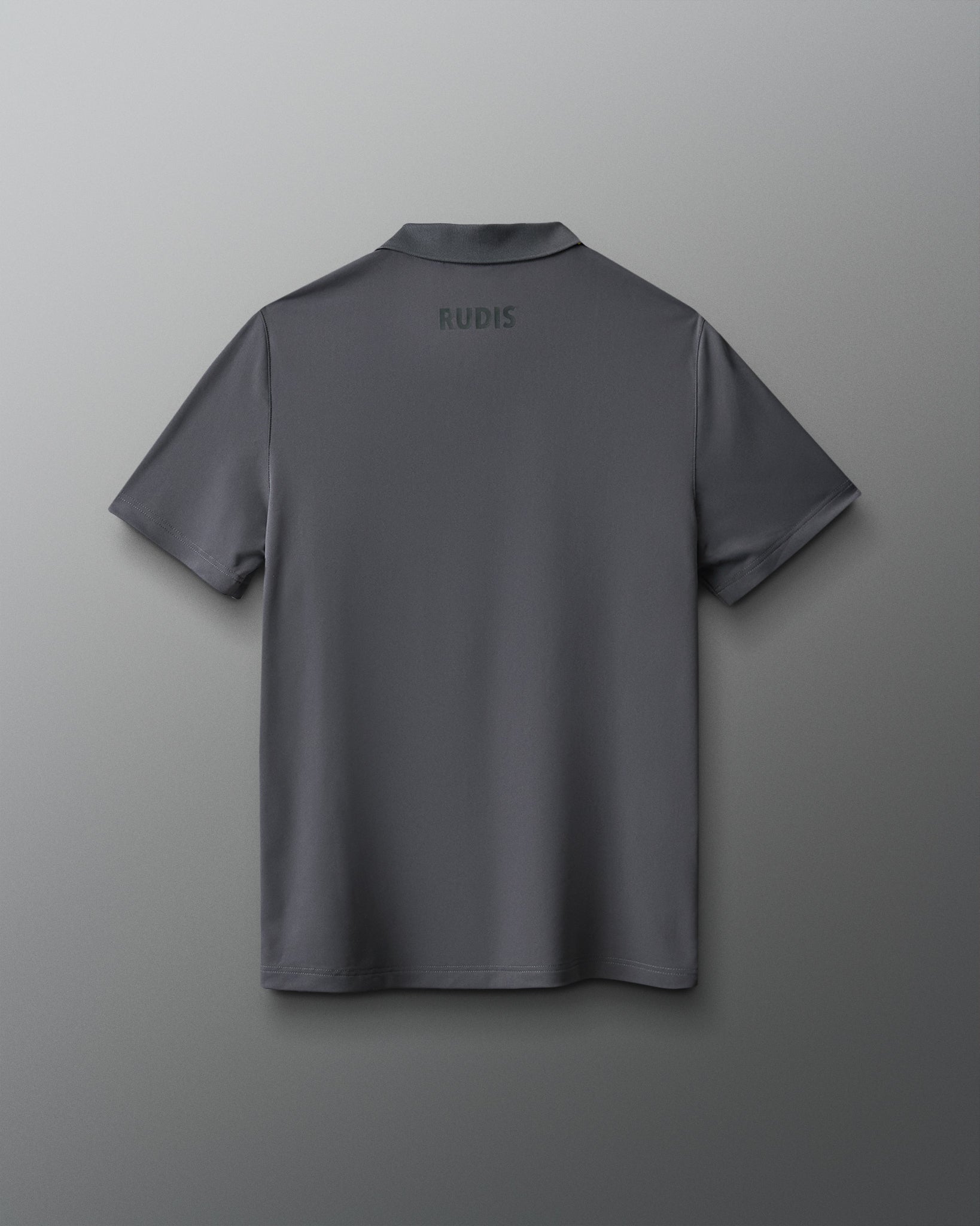 Gray polo shirt with 'RUDIS' branding on the back against a gray background