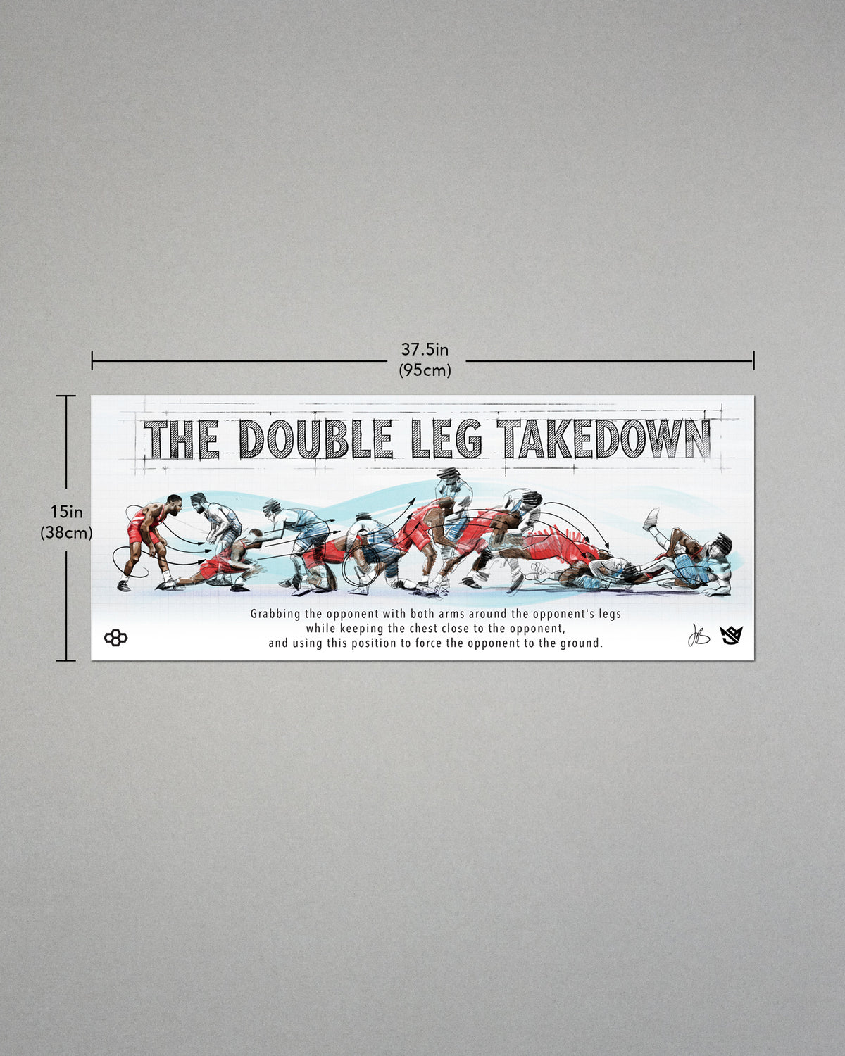 RUDIS JB Double Leg Takedown Poster illustrating the step-by-step wrestling technique, measuring 37.5 x 15 inches.