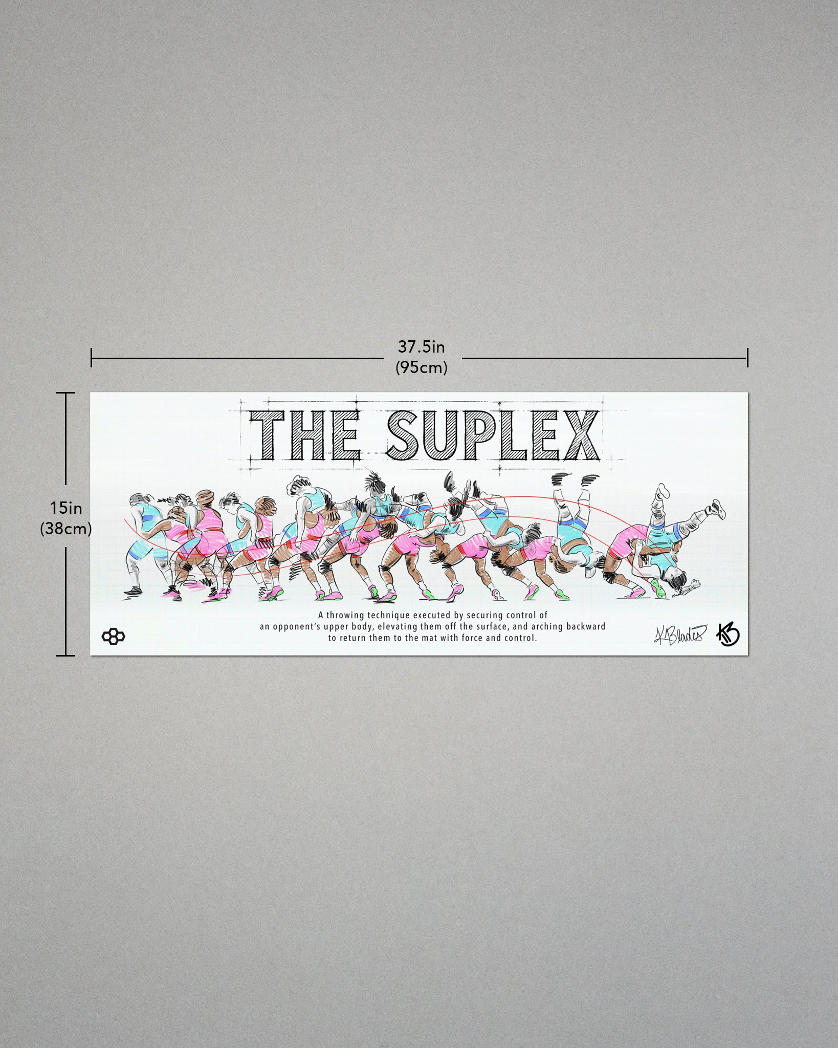 RUDIS Kennedy Blades Suplex Poster illustrating the step-by-step wrestling suplex technique, measuring 37.5 x 15 inches.