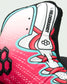 A close-up of a decorative cushion or pillow featuring a stylized soccer cleat design in pink, white, red, and light blue, with the text 'HILDEBRANDT' printed vertically on the side.