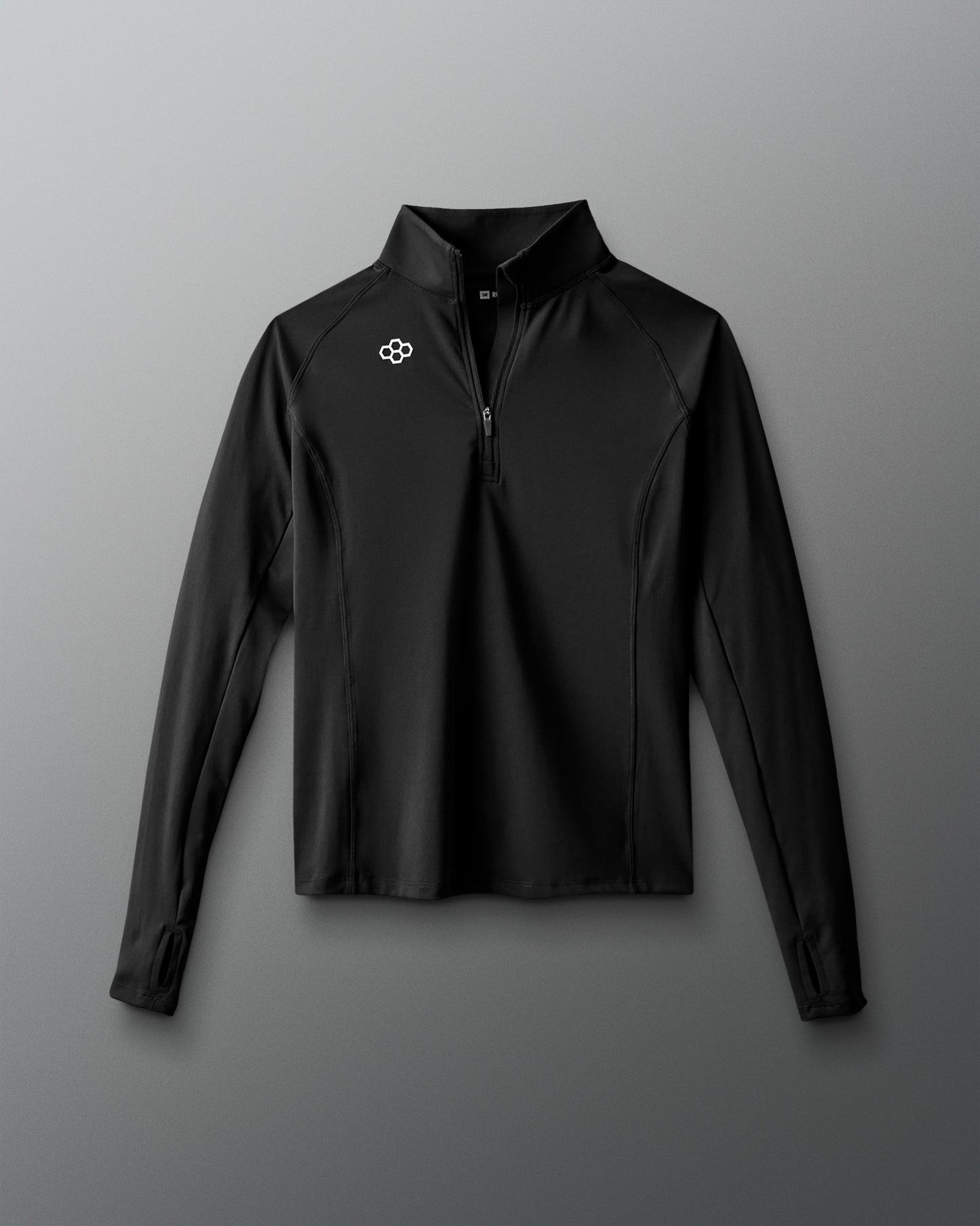 Black long-sleeve shirt with a logo on a gray background