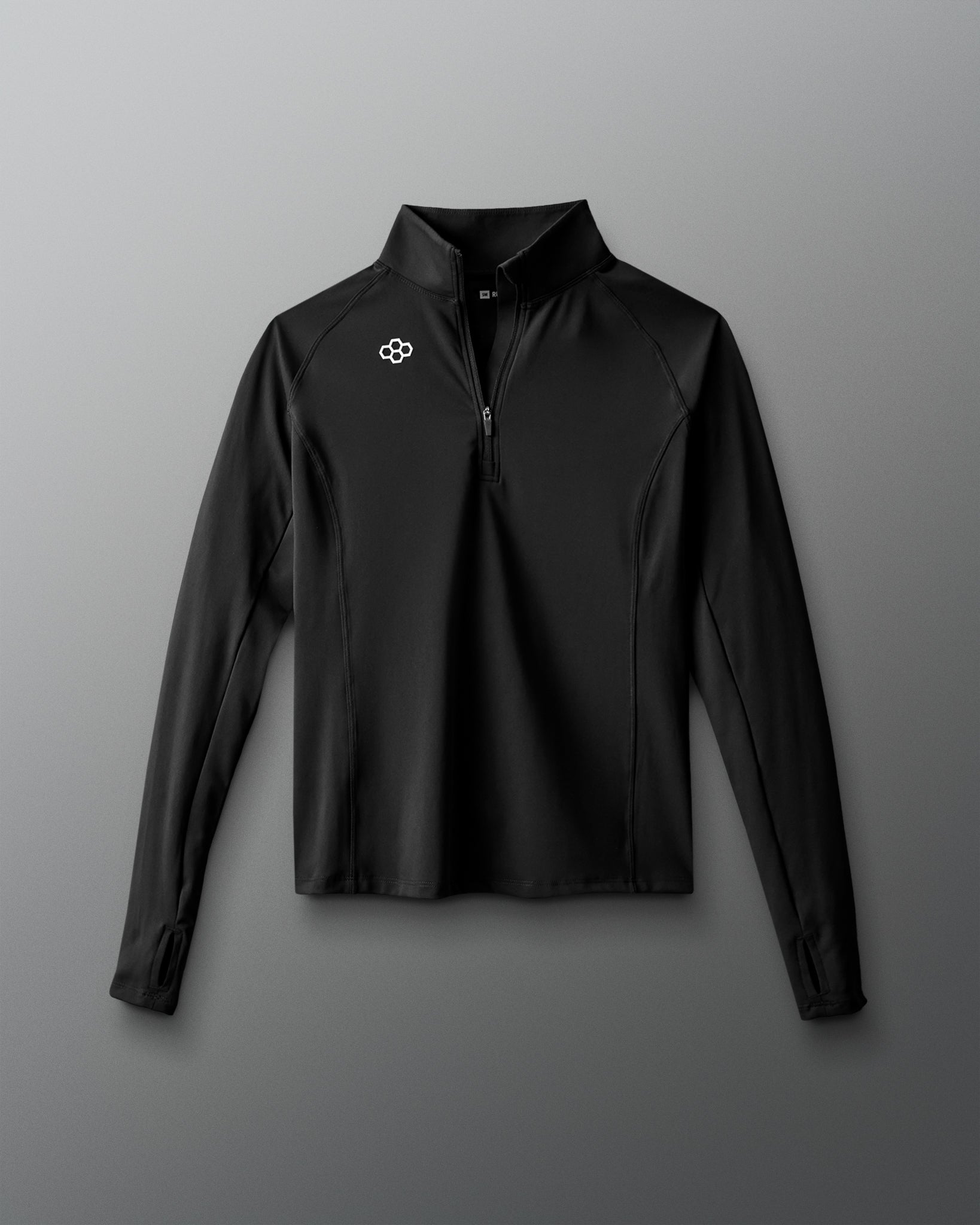 Black long-sleeve shirt with a logo on a gray background