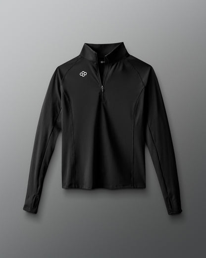 Black long-sleeve shirt with a logo on a gray background