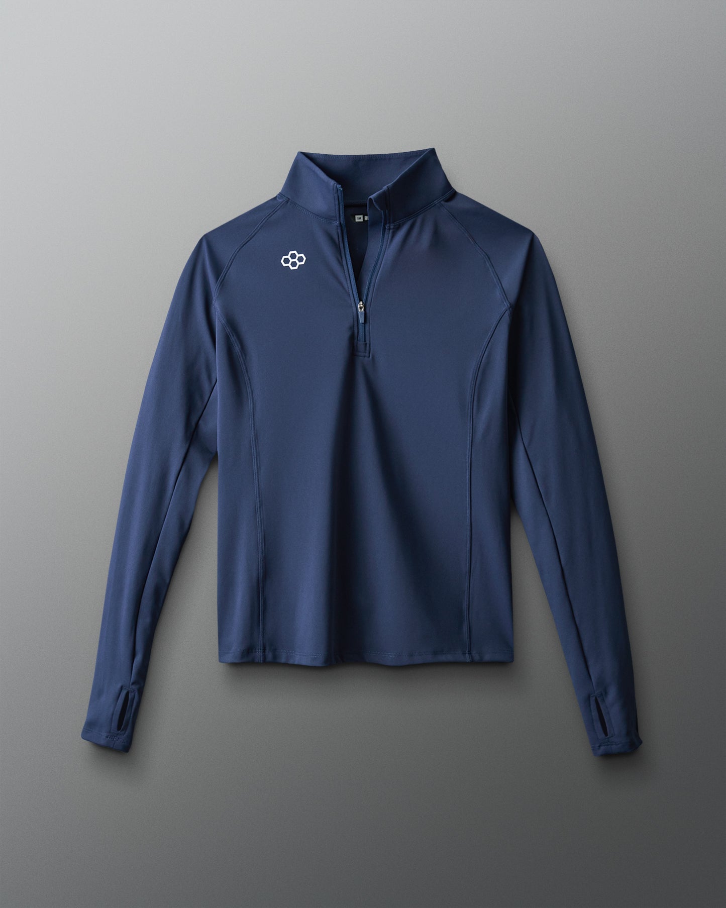 Blue pullover with a logo on a gray background