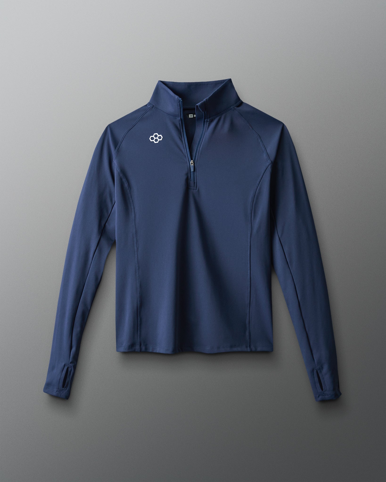 Blue pullover with a logo on a gray background