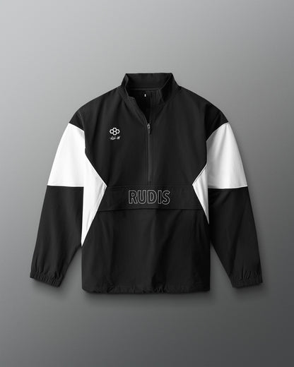 Black and white jacket with 'RUDIS' branding on a gray background
