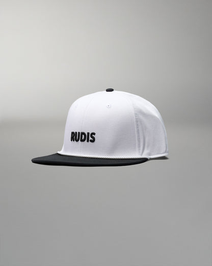 White cap with black brim and 'RUDIS' logo on a gray background