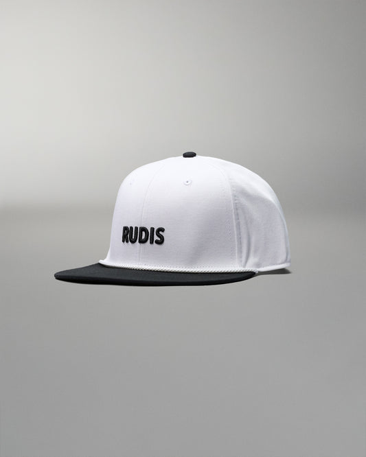 White cap with black brim and 'RUDIS' logo on a gray background