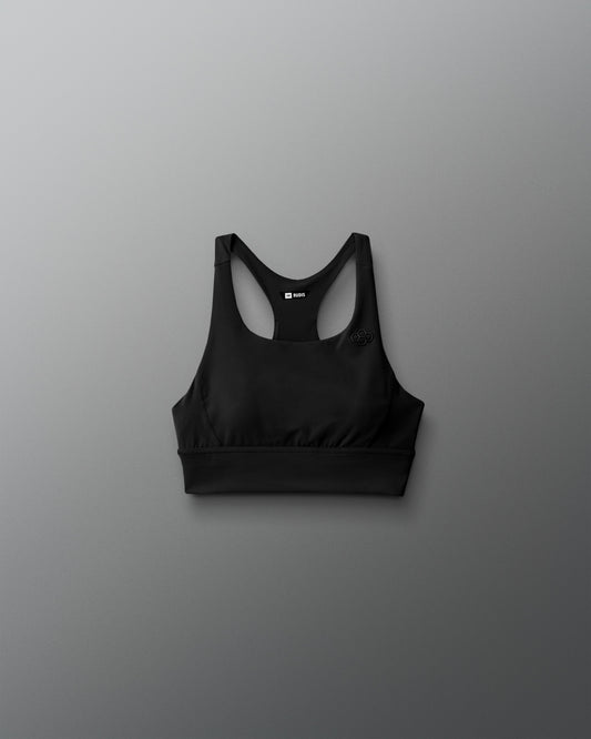 Black sports bra on a gray background