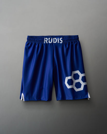 Deep blue athletic shorts with a white 'RUDIS' logo on the waistband and a hexagonal design on the lower right side, crafted for comfort and flexibility.