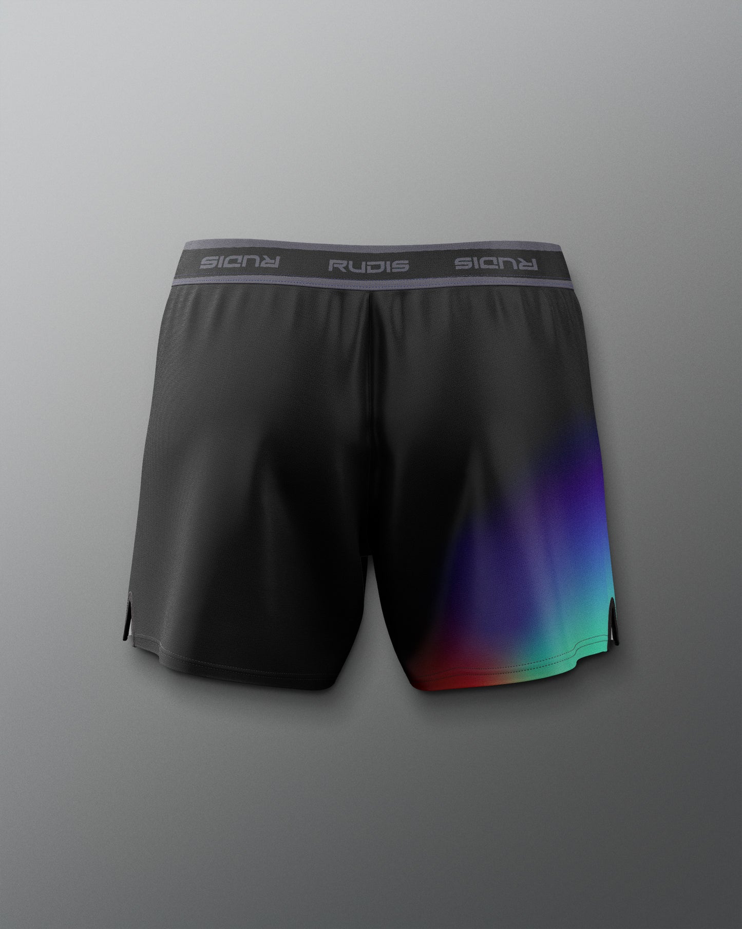Black athletic shorts with a colorful gradient on a gray background