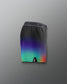 Gradient black to colorful athletic shorts on a gray background
