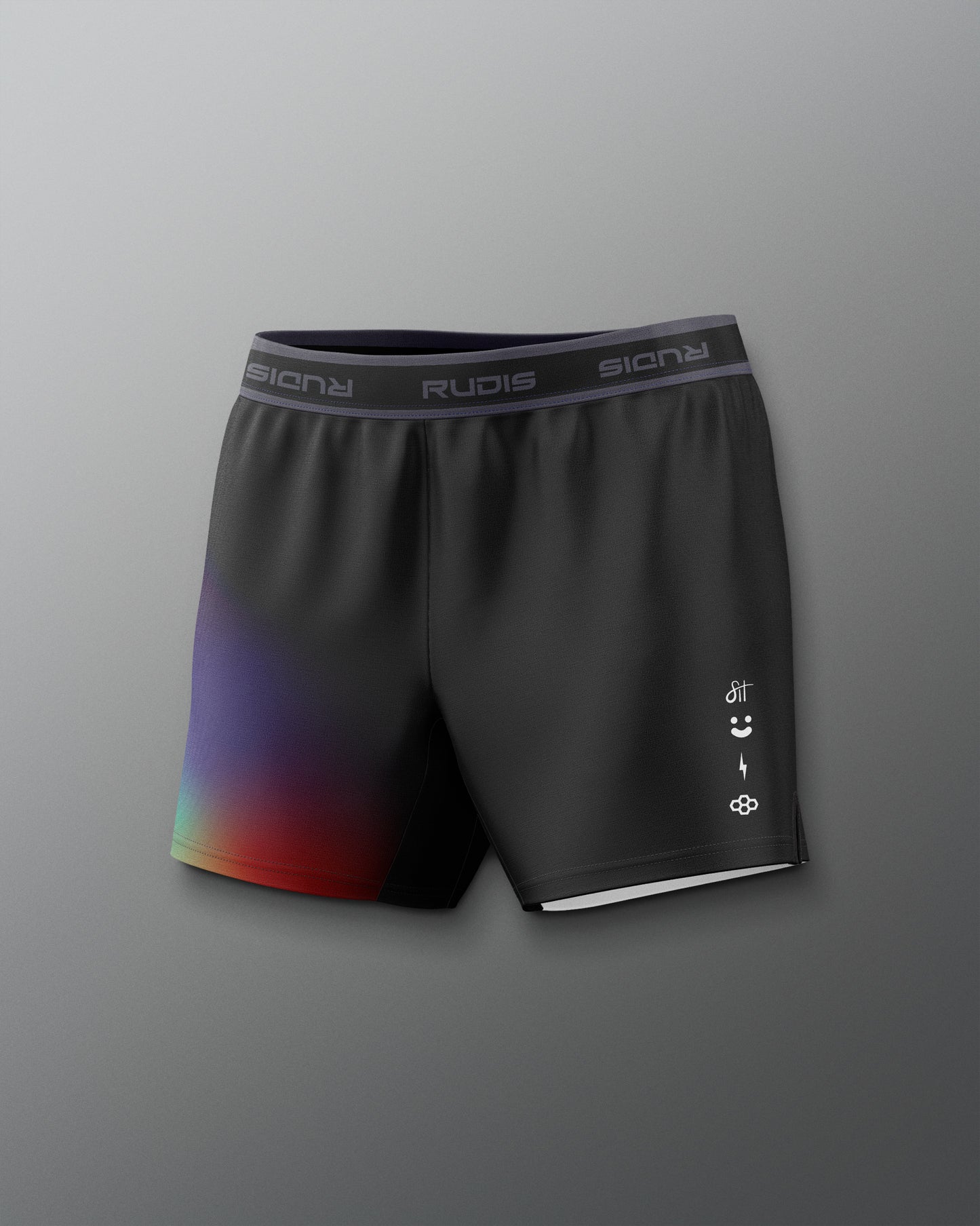 Black athletic shorts with gradient design on a gray background