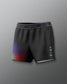 Black athletic shorts with gradient design on a gray background