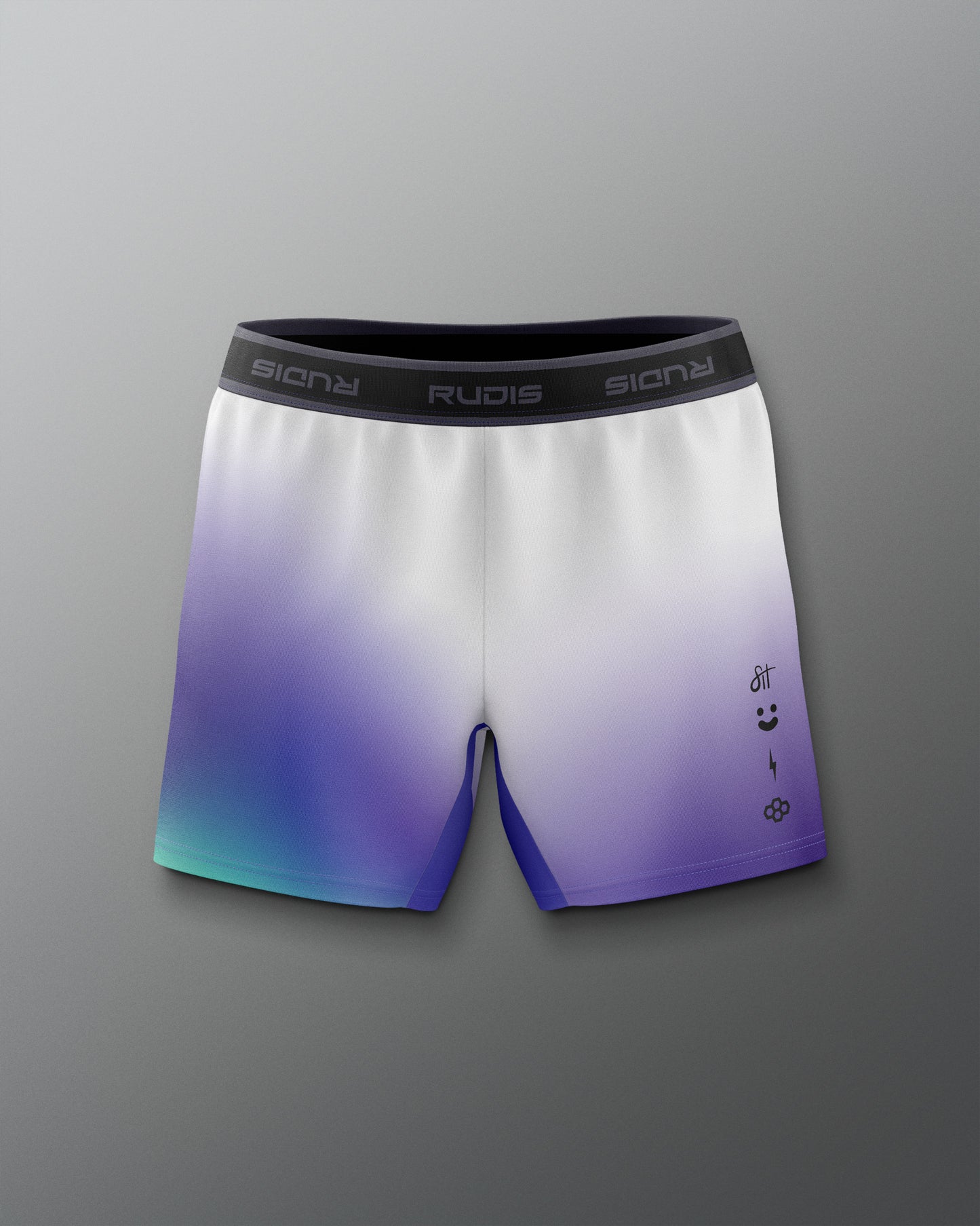 Gradient shorts with a logo on a gray background