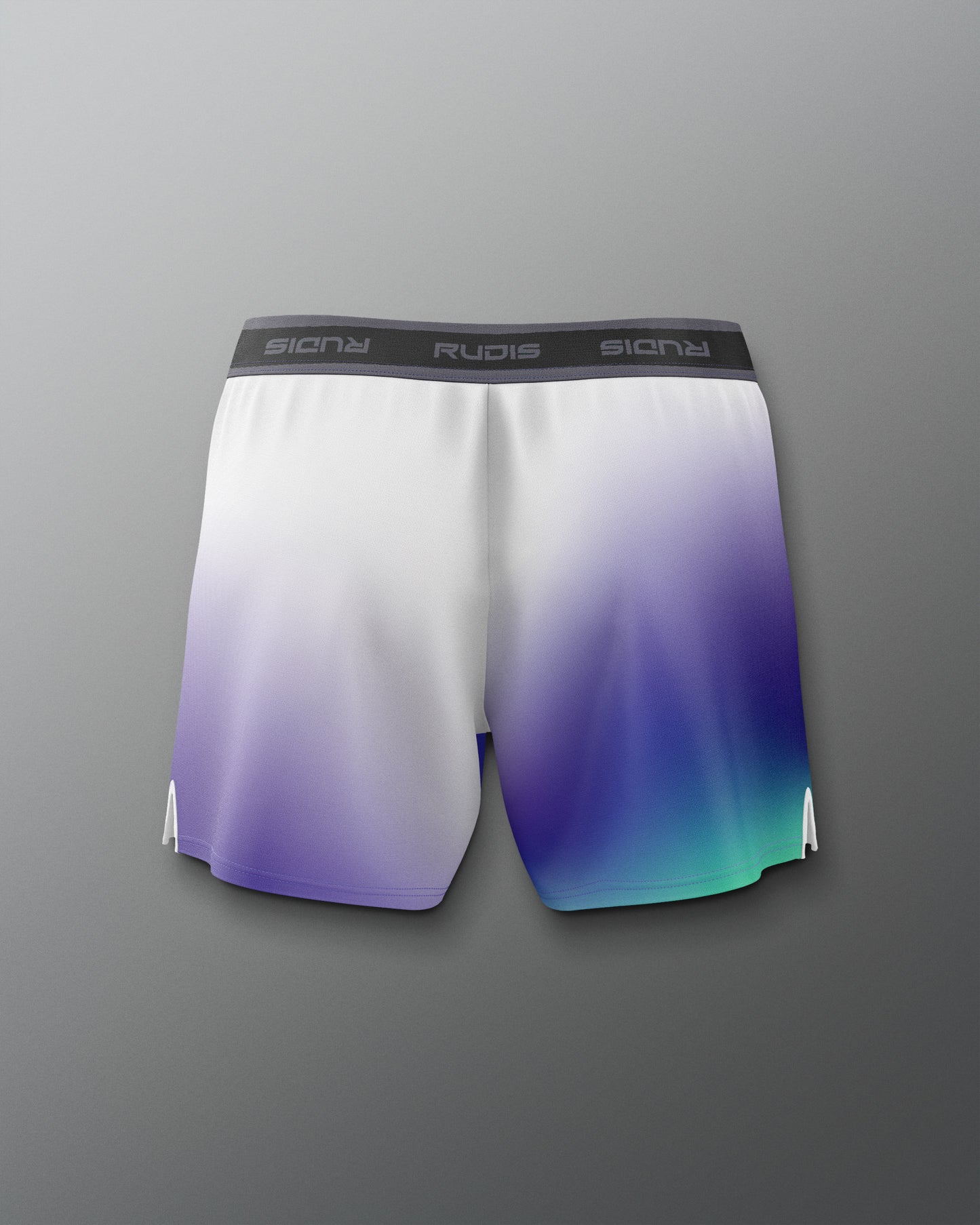 Gradient shorts with white to purple to blue color scheme on a gray background