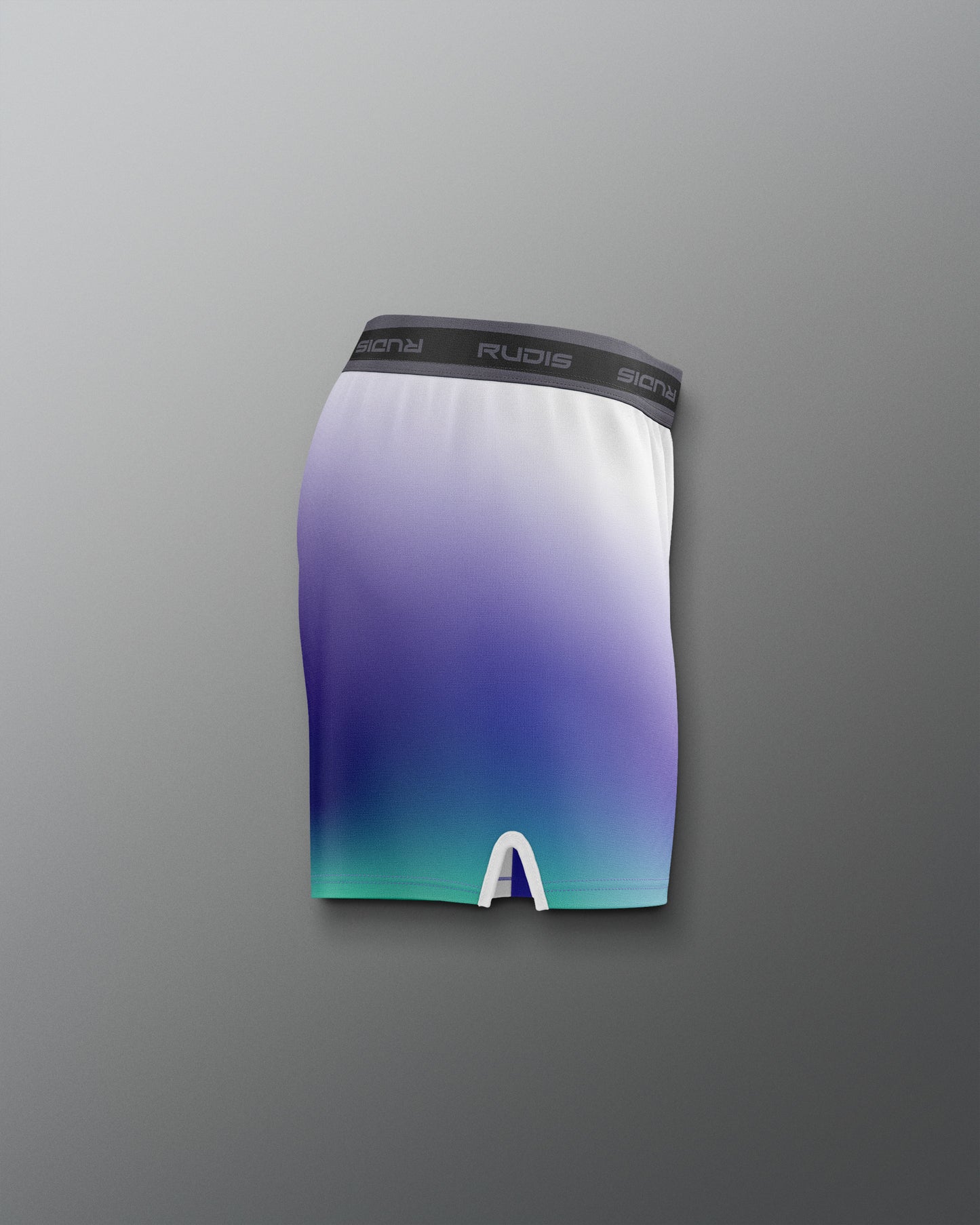 Gradient purple to blue athletic shorts with a brand logo on a gray background
