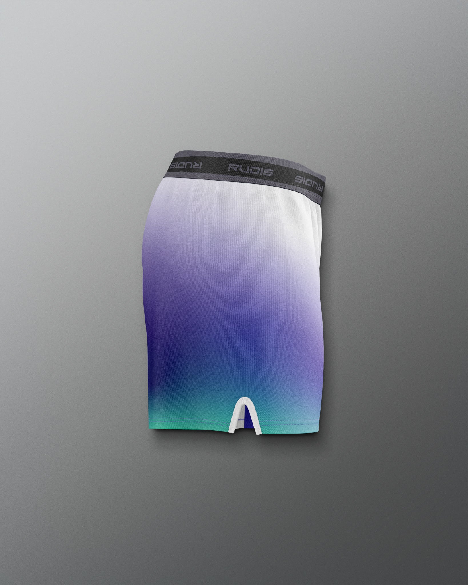 Gradient purple to blue athletic shorts with a brand logo on a gray background
