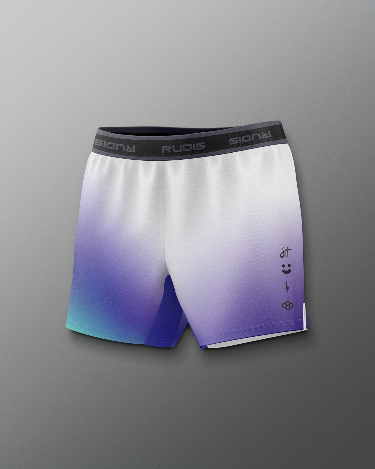 Gradient shorts with a logo on a gray background