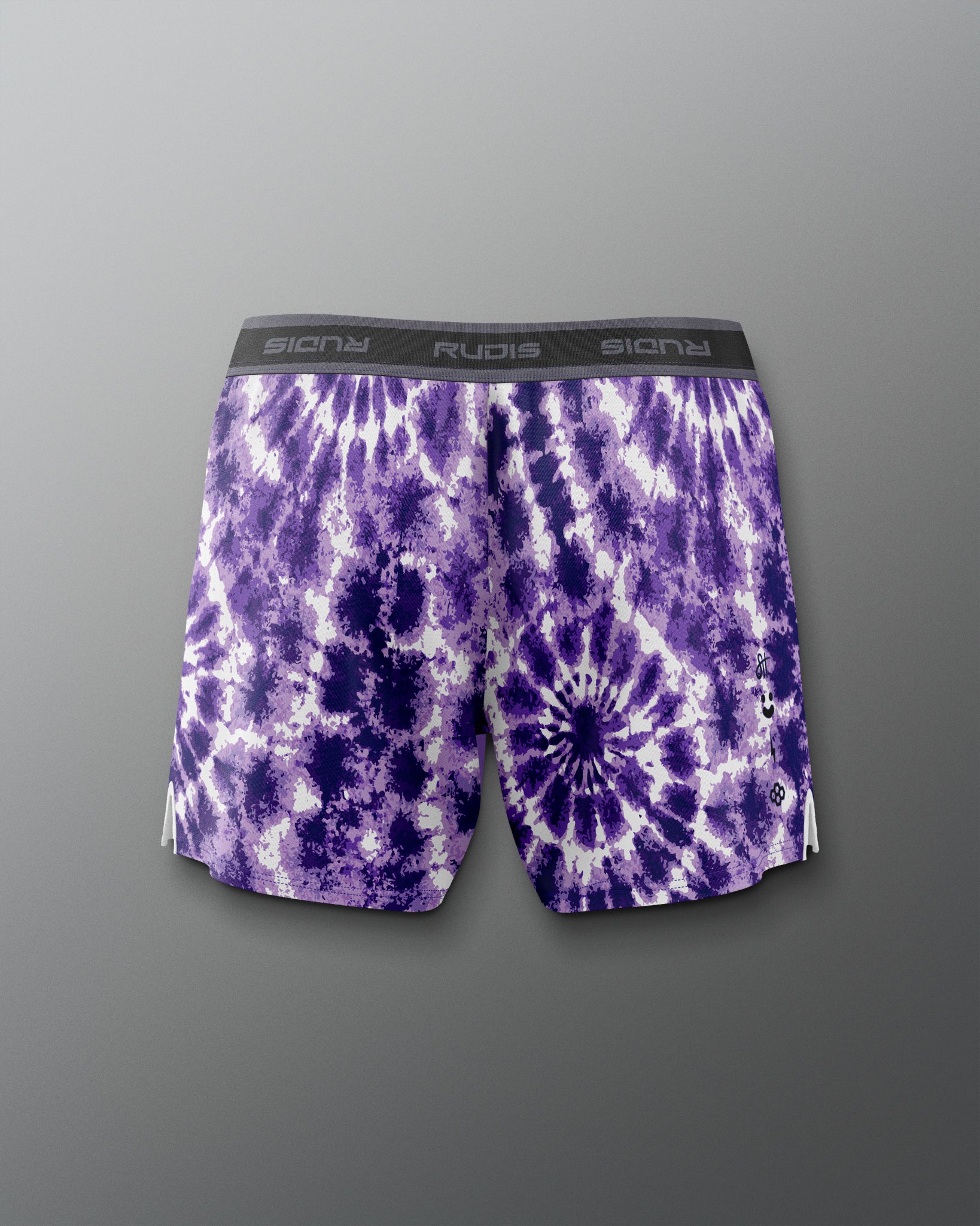Purple tie-dye shorts with a brand logo on a gray background