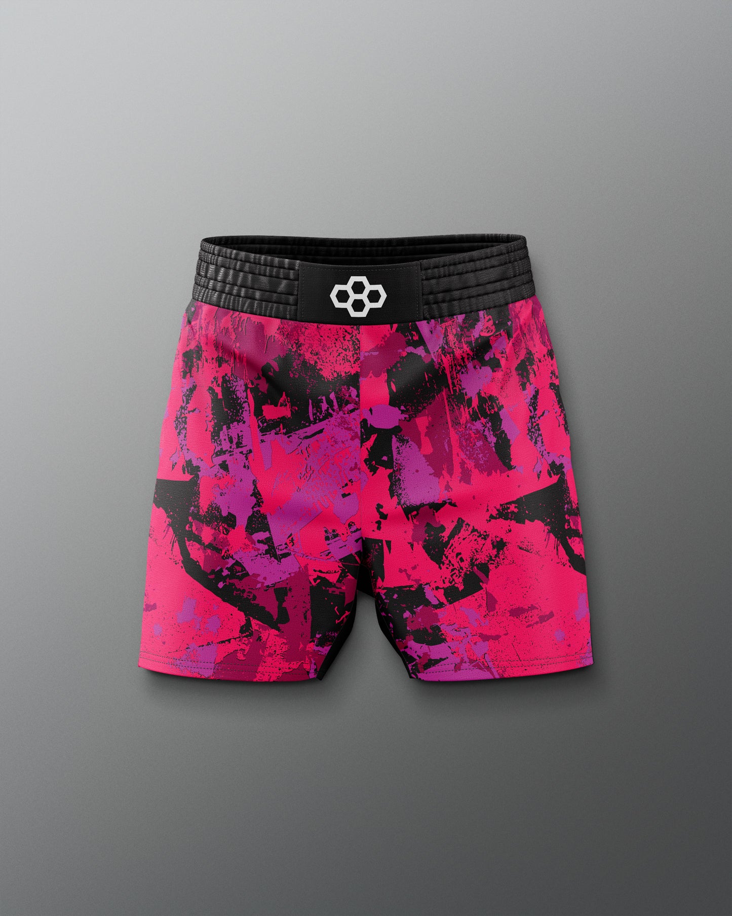 Pink and black patterned shorts with a brand logo on a gray background