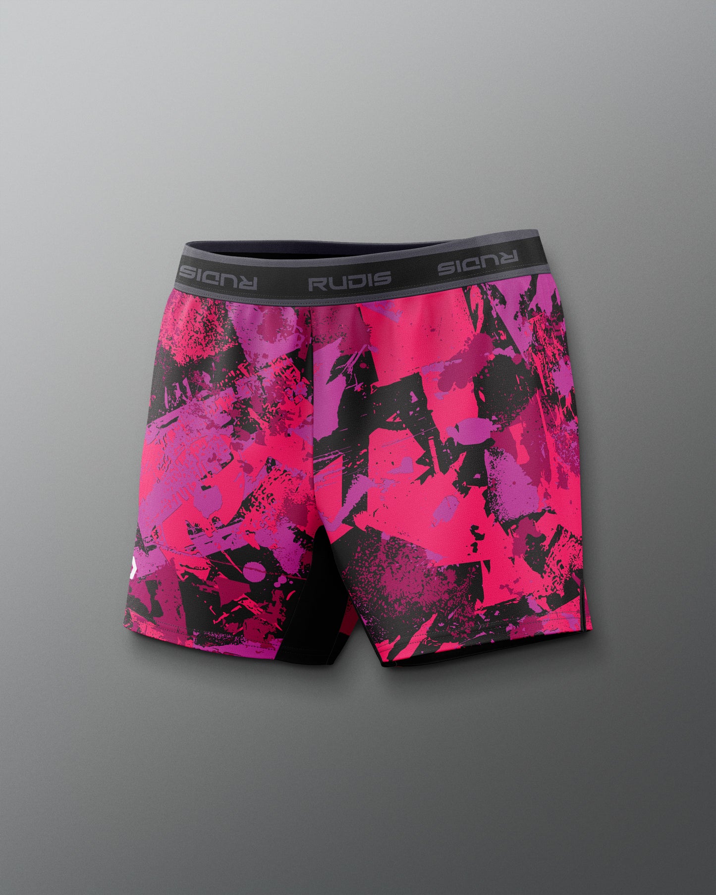 Pink and black patterned underwear with 'Rudis' branding on a gray background