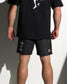 Rear view of the RUDIS Gothic Wrestling Sublimated Shorts in black, featuring gothic "Faith Over Fear" artwork, lightweight performance fabric, and a comfortable athletic fit for training and competition.